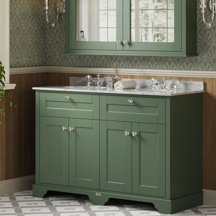 Old London 1200mm Hunter Green 4 Door Floor Standing Cabinet With 3 Tap Holes Twin Grey Marble Basin