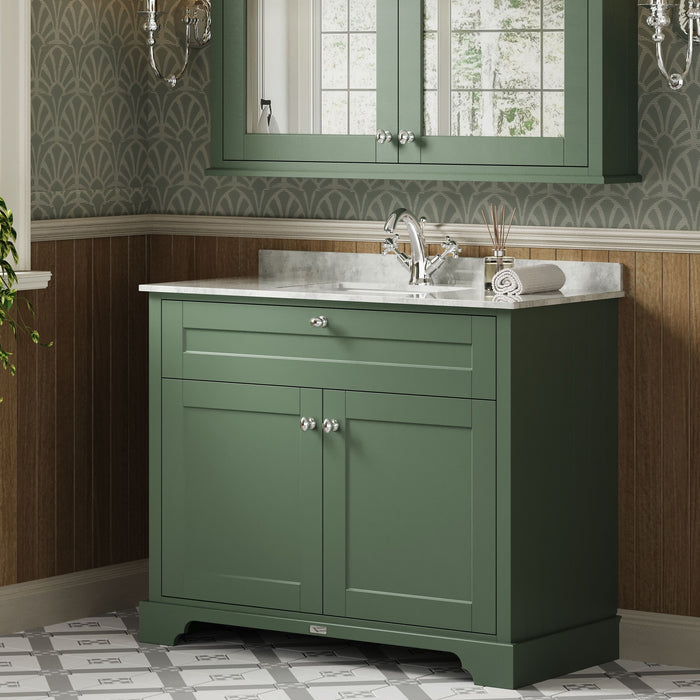 Old London 1000mm Hunter Green 2 Door Floor Standing Cabinet With 1 Tap Hole Marble Basin