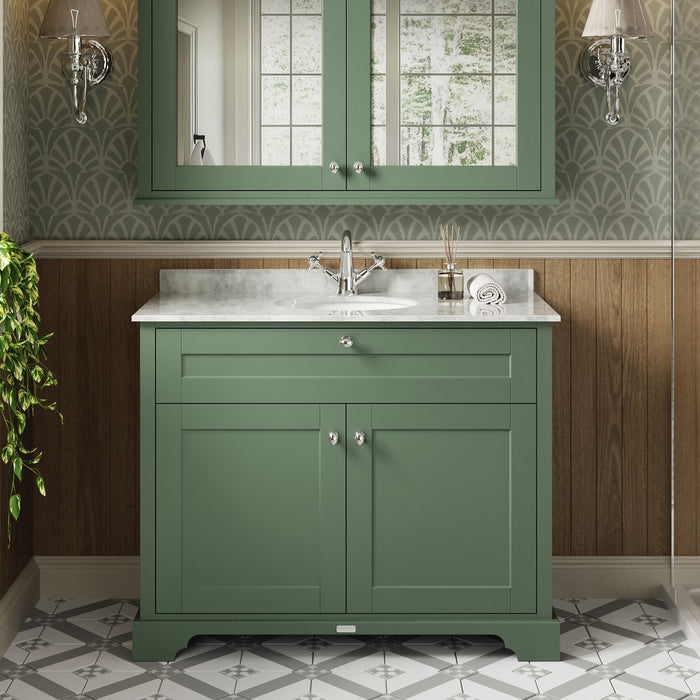 Old London 1000mm Hunter Green 2 Door Floor Standing Cabinet With 1 Tap Hole Marble Basin