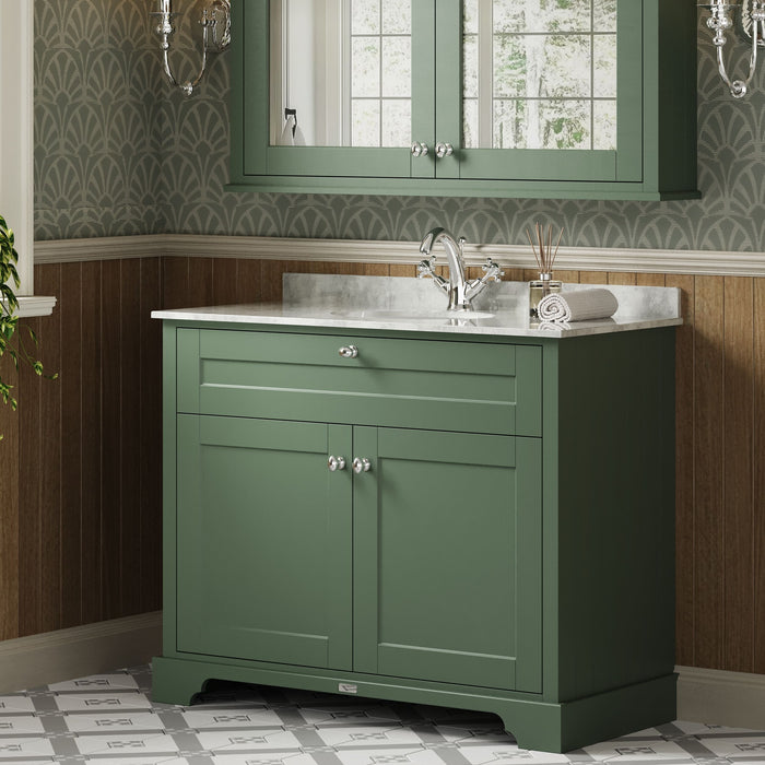 Old London 1000mm Hunter Green 2 Door Floor Standing Cabinet With 1 Tap Hole Marble Basin