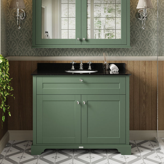 Old London 1000mm Hunter Green 2 Door Floor Standing Cabinet With 3 Tap Holes Marble Basin