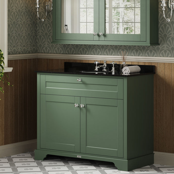 Old London 1000mm Hunter Green 2 Door Floor Standing Cabinet With 3 Tap Holes Marble Basin