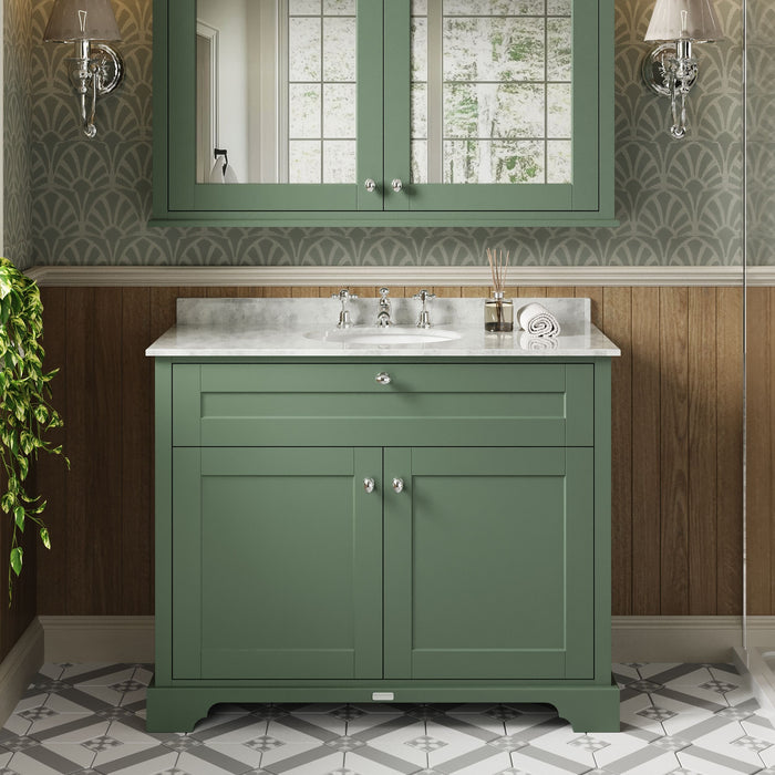 Old London 1000mm Hunter Green 2 Door Floor Standing Cabinet With 3 Tap Holes Marble Basin