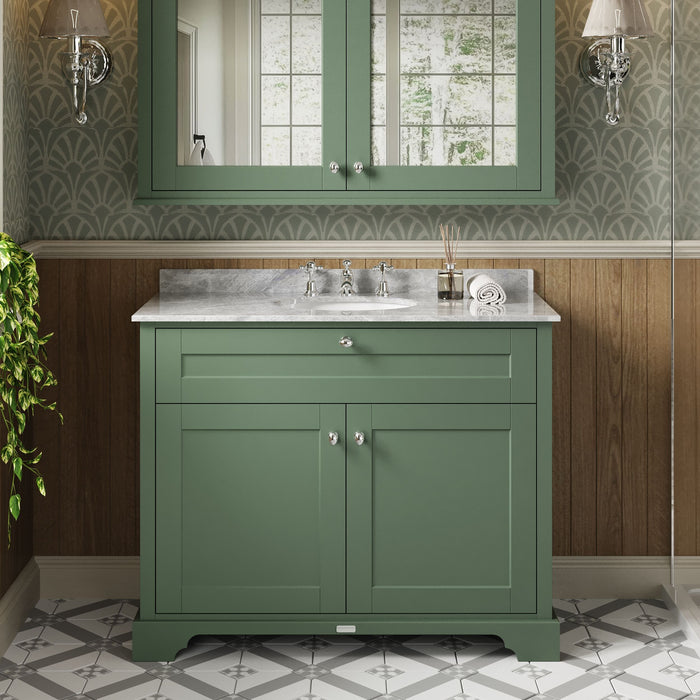 Old London 1000mm Hunter Green 2 Door Floor Standing Cabinet With 3 Tap Holes Marble Basin