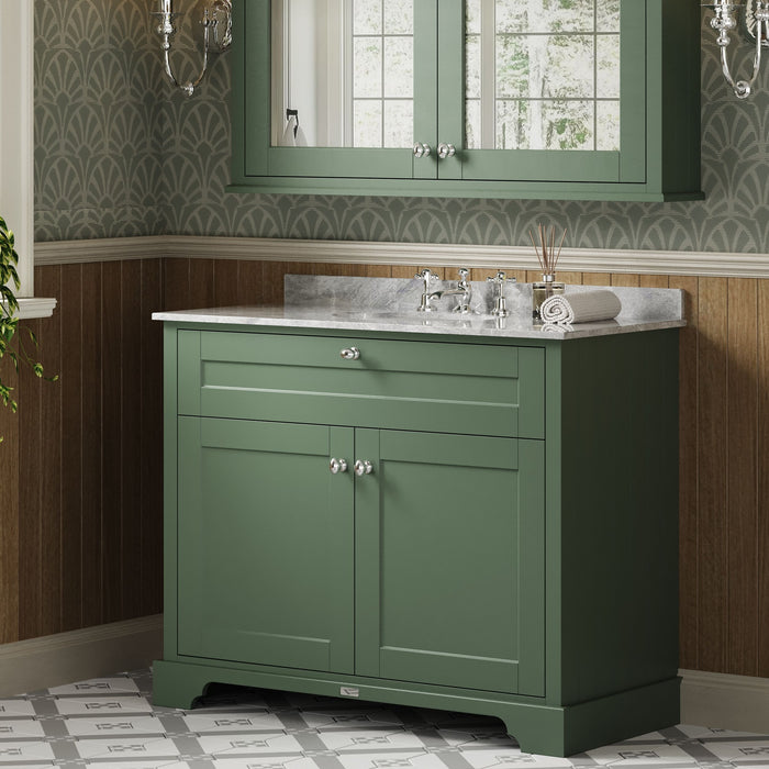Old London 1000mm Hunter Green 2 Door Floor Standing Cabinet With 3 Tap Holes Marble Basin
