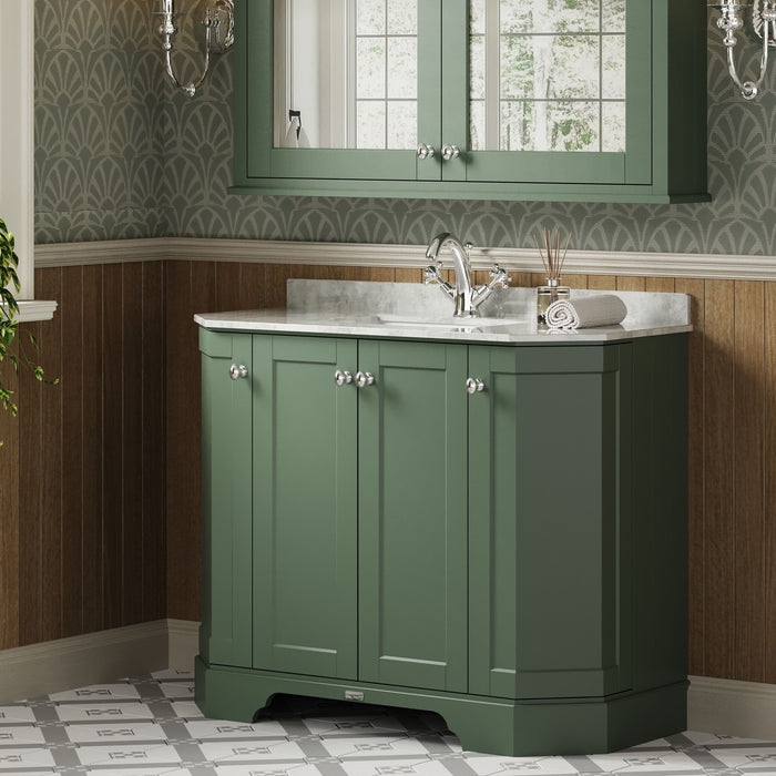 Old London 1000mm Hunter Green 4 Door Floor Standing Angled Vanity Unit With 1 Tap Hole Marble Basin