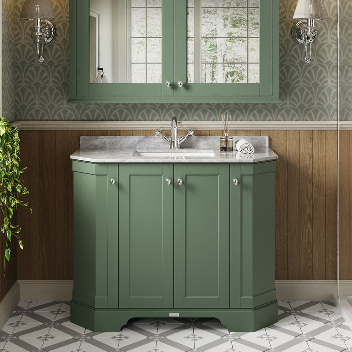 Old London 1000mm Hunter Green 4 Door Floor Standing Angled Vanity Unit With 1 Tap Hole Marble Basin