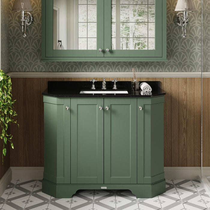 Old London 1000mm Hunter Green 4 Door Floor Standing Angled Vanity Unit With 3 Tap Holes Marble Basin
