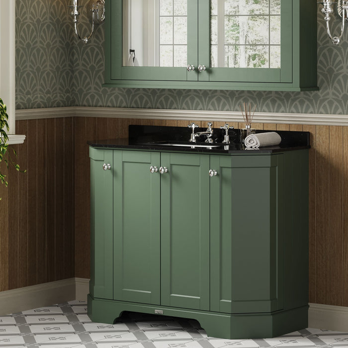 Old London 1000mm Hunter Green 4 Door Floor Standing Angled Vanity Unit With 3 Tap Holes Marble Basin