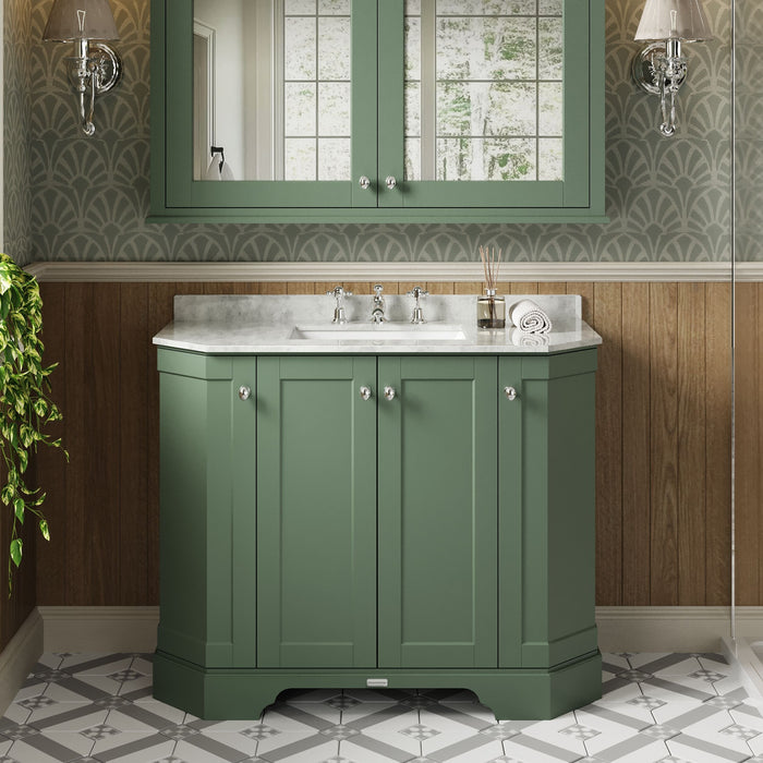 Old London 1000mm Hunter Green 4 Door Floor Standing Angled Vanity Unit With 3 Tap Holes Marble Basin