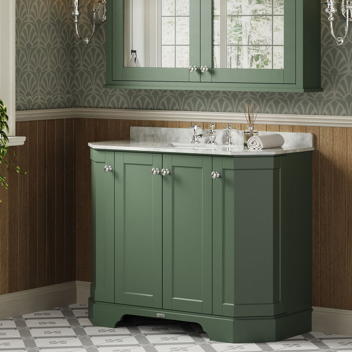 Old London 1000mm Hunter Green 4 Door Floor Standing Angled Vanity Unit With 3 Tap Holes Marble Basin