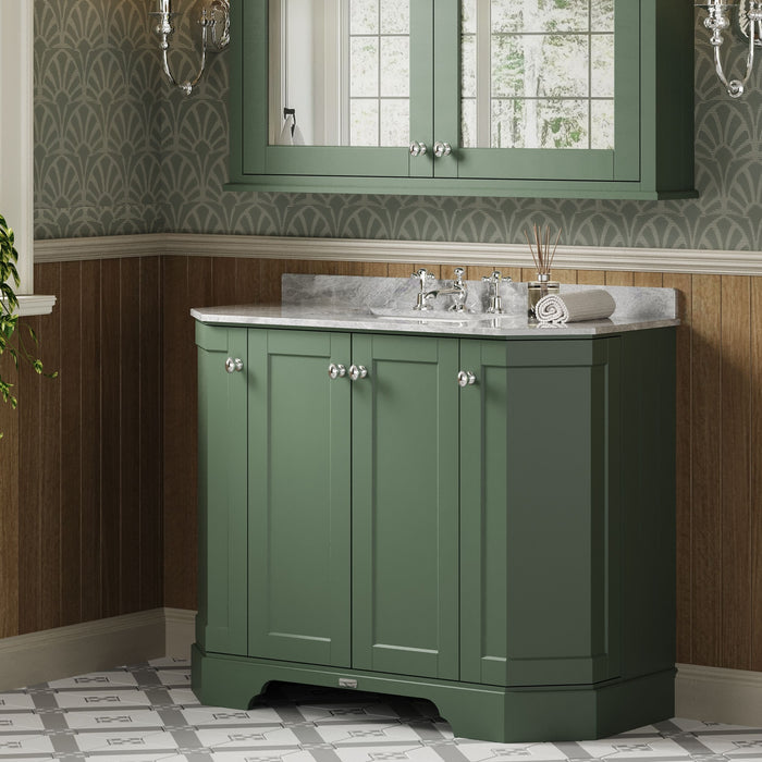 Old London 1000mm Hunter Green 4 Door Floor Standing Angled Vanity Unit With 3 Tap Holes Marble Basin