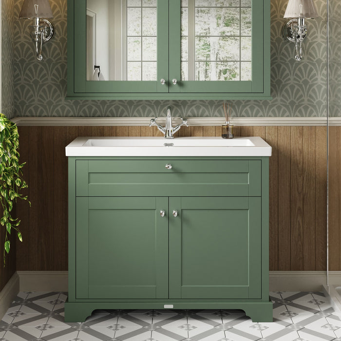 Old London 1000mm Hunter Green 2 Door Floor Standing Vanity Unit With 1 Tap Hole Fireclay Basin