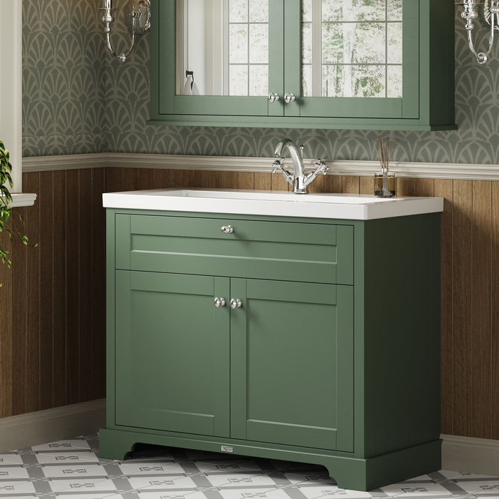 Old London 1000mm Hunter Green 2 Door Floor Standing Vanity Unit With 1 Tap Hole Fireclay Basin