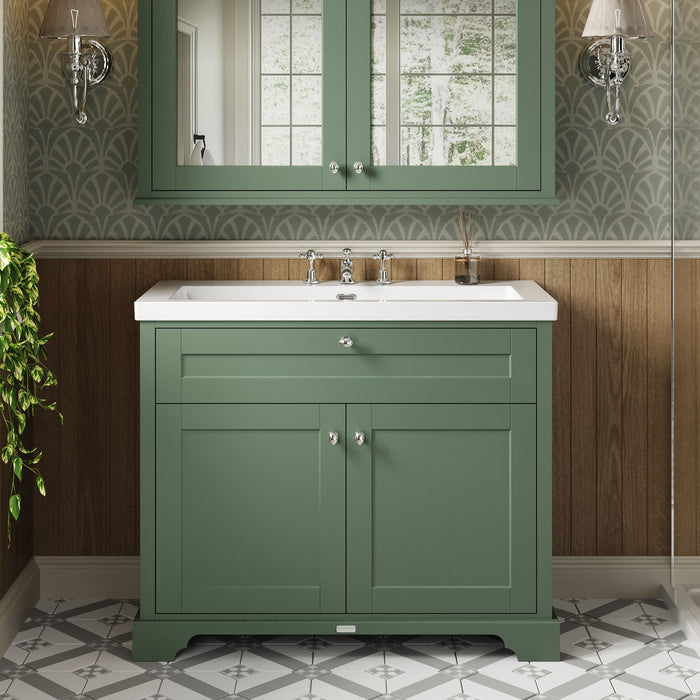 Old London 1000mm Hunter Green 2 Door Floor Standing Vanity Unit With 3 Tap Holes Fireclay Basin
