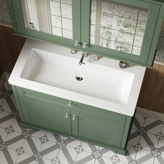 Old London 1000mm Hunter Green 2 Door Floor Standing Vanity Unit With 3 Tap Holes Fireclay Basin