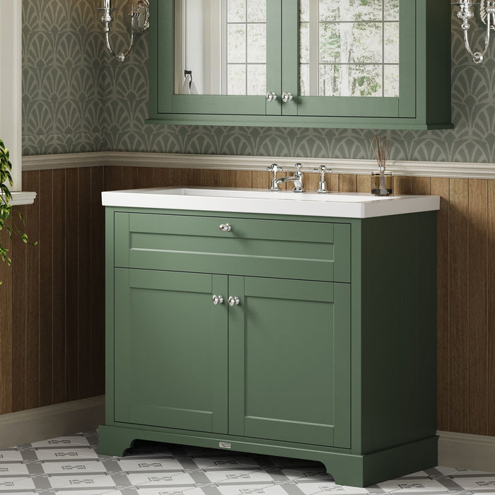 Old London 1000mm Hunter Green 2 Door Floor Standing Vanity Unit With 3 Tap Holes Fireclay Basin