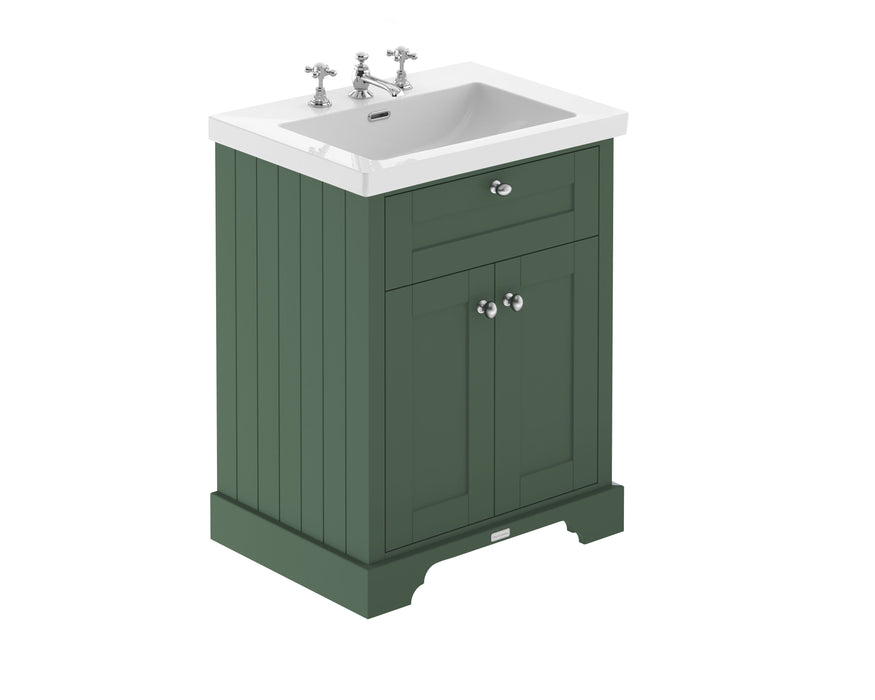 Old London 600mm Hunter Green 2 Door Floor Standing Vanity Unit With 3 Tap Holes Fireclay Basin