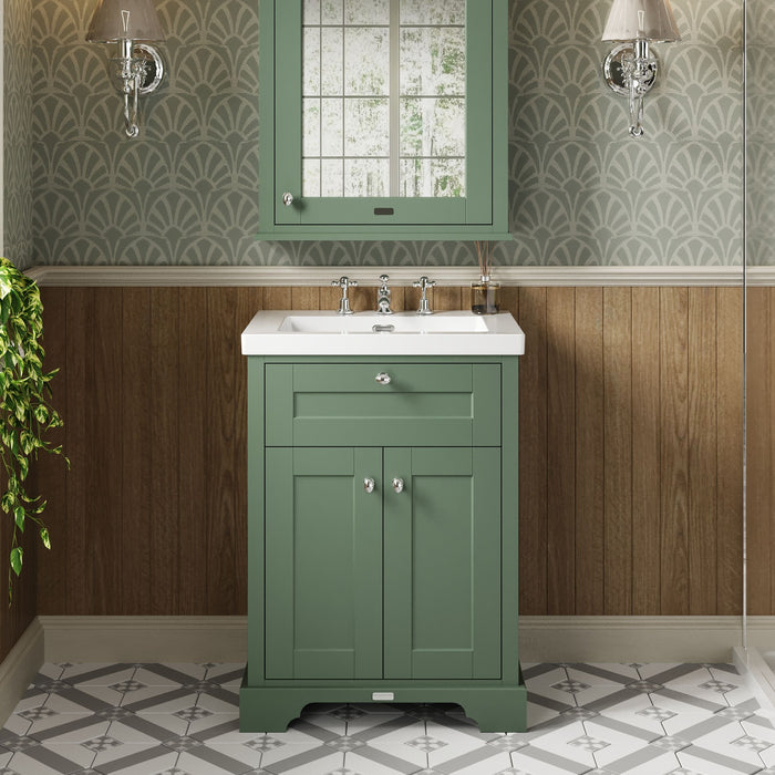 Old London 600mm Hunter Green 2 Door Floor Standing Vanity Unit With 3 Tap Holes Fireclay Basin