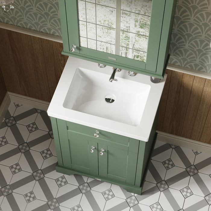 Old London 600mm Hunter Green 2 Door Floor Standing Vanity Unit With 3 Tap Holes Fireclay Basin