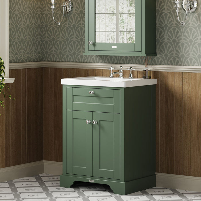 Old London 600mm Hunter Green 2 Door Floor Standing Vanity Unit With 3 Tap Holes Fireclay Basin