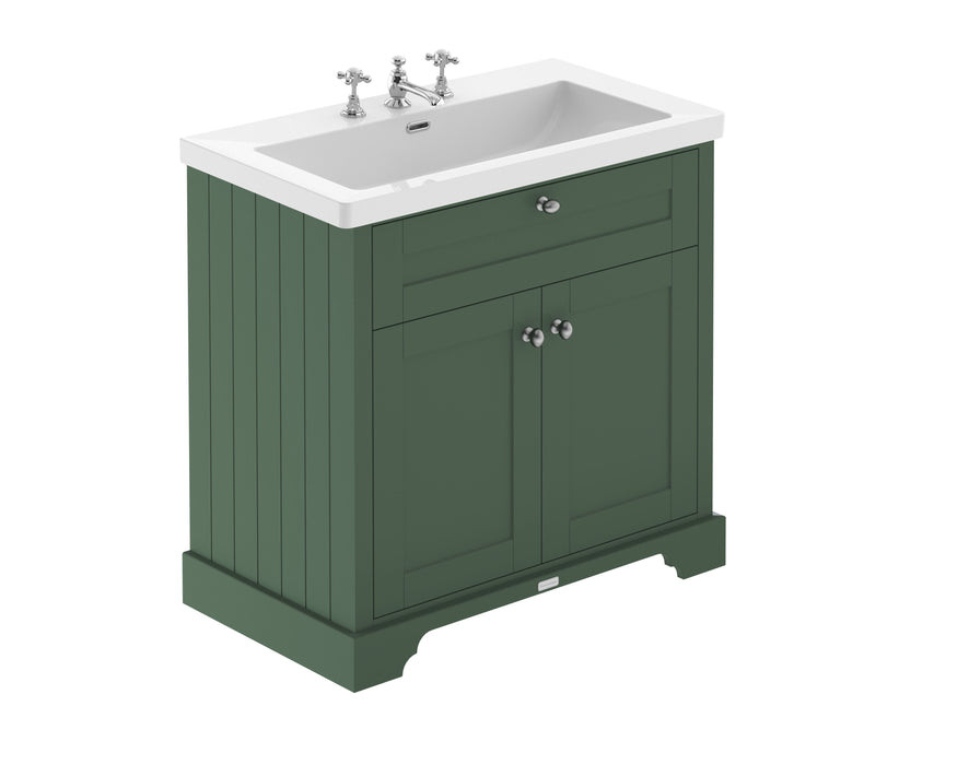 Old London 800mm Hunter Green 2 Door Floor Standing Vanity Unit With 3 Tap Holes Fireclay Basin