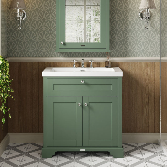 Old London 800mm Hunter Green 2 Door Floor Standing Vanity Unit With 3 Tap Holes Fireclay Basin