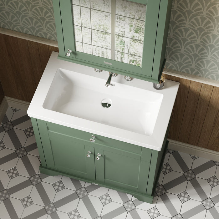 Old London 800mm Hunter Green 2 Door Floor Standing Vanity Unit With 3 Tap Holes Fireclay Basin