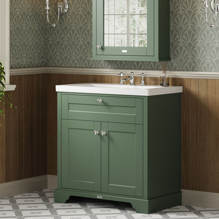 Old London 800mm Hunter Green 2 Door Floor Standing Vanity Unit With 3 Tap Holes Fireclay Basin