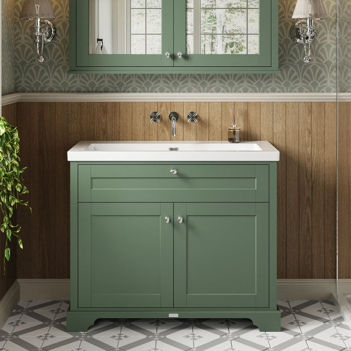 Old London 1000mm Hunter Green 2 Door Floor Standing Vanity Unit With Fireclay Basin