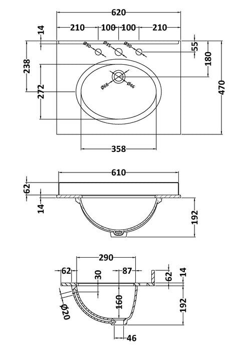 Old London 3 Tap Hole 600mm Single Bowl Marble Top Basin