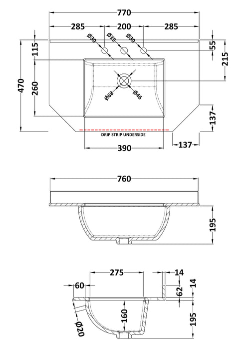 Old London 3 Tap Hole 750mm  Angled Single Bowl Marble Top Basin