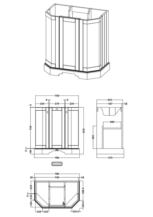 Old London 750mm Storm Grey 2 Door Floor Standing Vanity Unit
