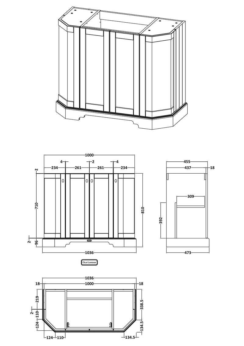 Old London 1000mm Storm Grey 4 Door Floor Standing Vanity Unit