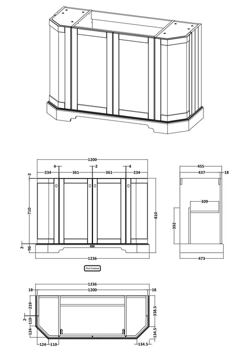 Old London 1200mm Storm Grey 4 Door Floor Standing Vanity Unit Standing Angled