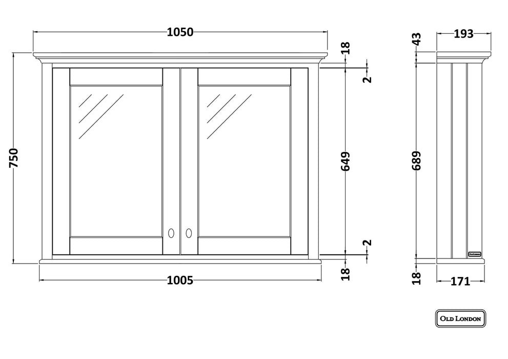 Old London 1050mm Storm Grey Wall Hung Mirror Cabinet
