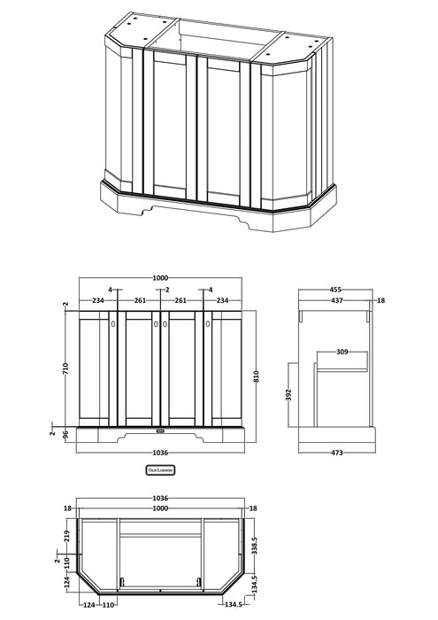 Old London 1000mm Twilight Blue 4 Door Floor Standing Vanity Unit