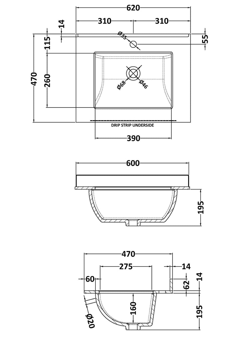 1 Tap Hole 600mm White Single Square Bowl Marble Worktop Basin