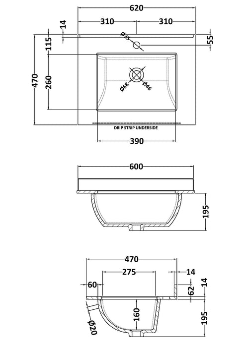1 Tap Hole 600mm White Single Square Bowl Marble Worktop Basin