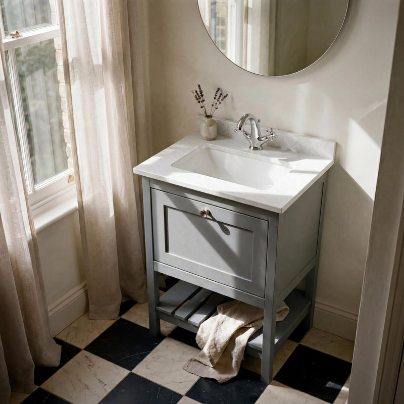 1 Tap Hole 600mm White Single Square Bowl Marble Worktop Basin