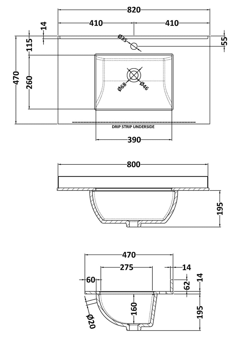 1 Tap Hole 800mm White Single Square Bowl Marble Worktop Basin
