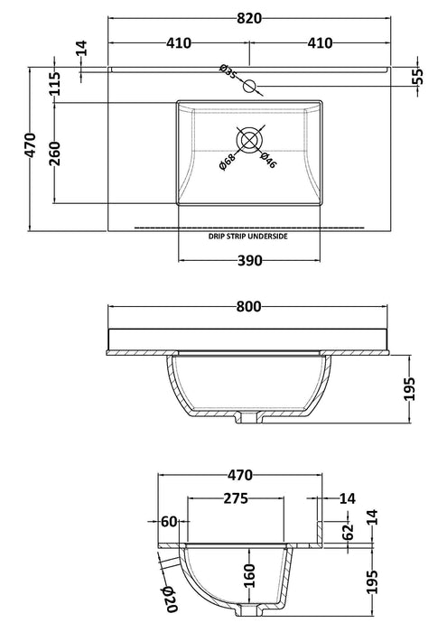 1 Tap Hole 800mm White Single Square Bowl Marble Worktop Basin