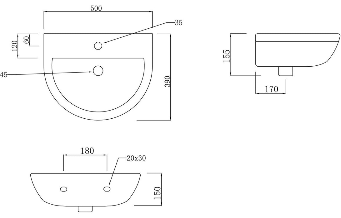 Laurentine 500x390mm 1TH Basin & Full Pedestal