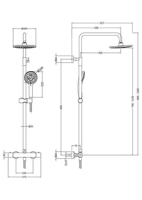 Line Drawing Round Thermostatic Bar Valve or Shower Kit 