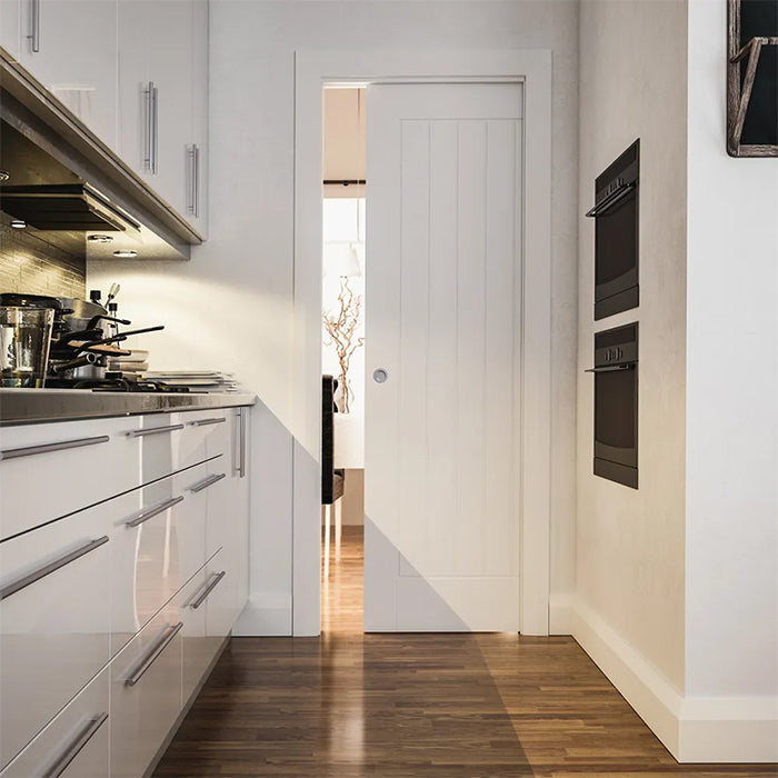 Deanta Single Pocket Door Kit 100mm White Frame + Black Finish Hardware