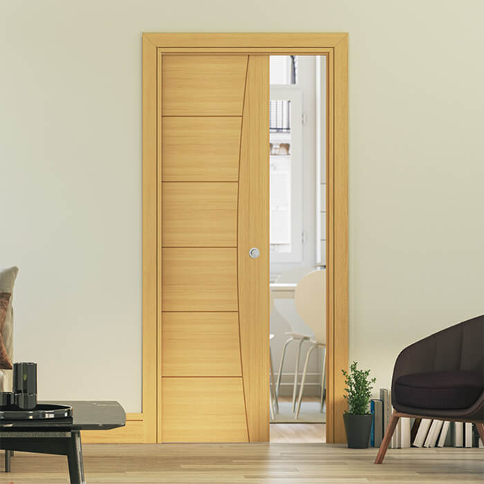 Deanta Single Pocket Door Kit 100mm Oak Frame + Satin Chrome Finish Hardware