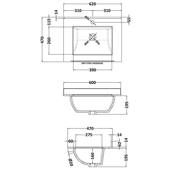 BC Designs 600mm 1 Tap Hole White Single Square Bowl Marble Worktop Basin