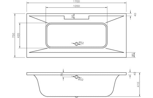Melrose Deluxe Square Double End 1700x750x550mm 0TH Bath w/Legs