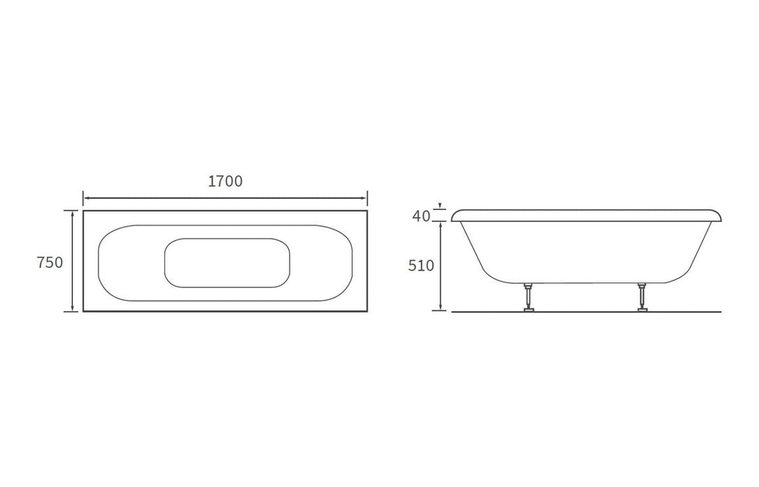 Melrose Deluxe Square Double End 1700x750x550mm 0TH Bath w/Legs