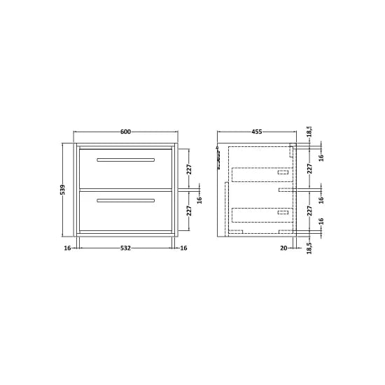 600mm Wall Hung 2-Drawer Unit & Basin Set  0 Tap Hole (Drawer, Unit or Set)